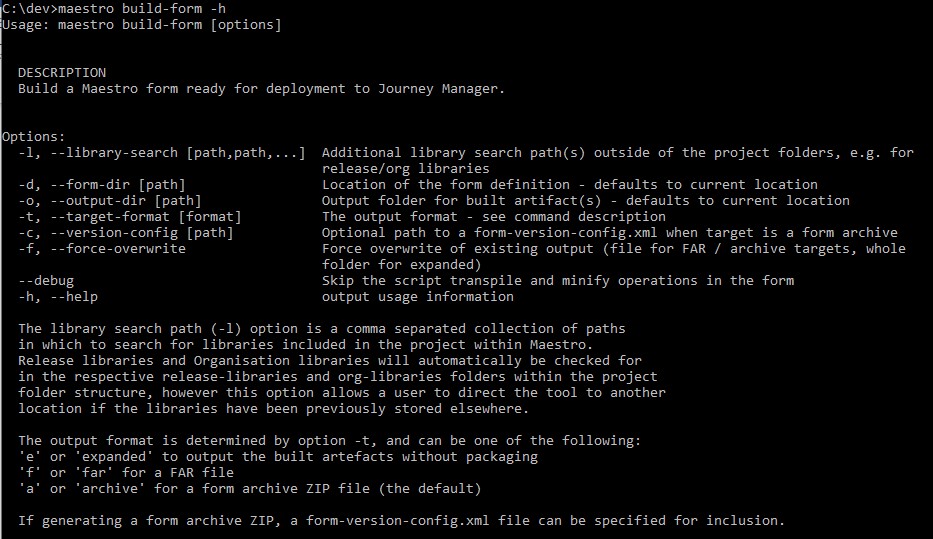 A Windows command-line showing the output from the command &quot;maestro build-form -h&quot;