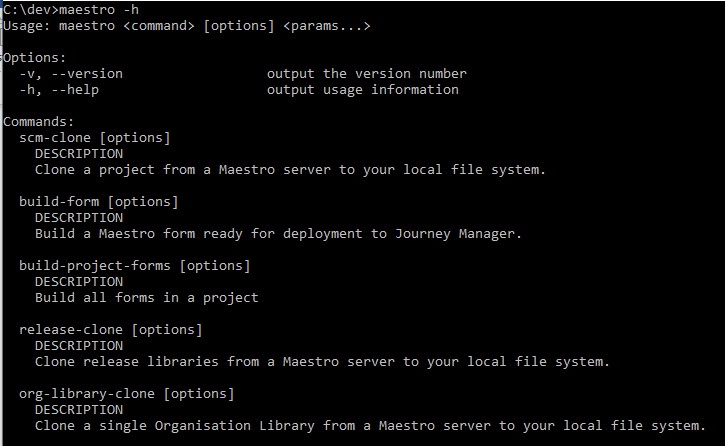 A Windows command-line showing the output from the command &quot;maestro -h&quot;