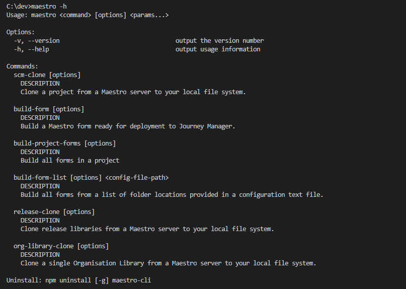 A Windows command-line showing the output from the command &quot;maestro -h&quot;