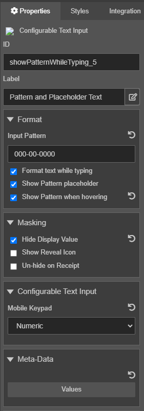 Maestro editor Configurable Text Input Properties tab