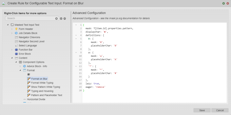 Maestro editor configurable text input rule editor