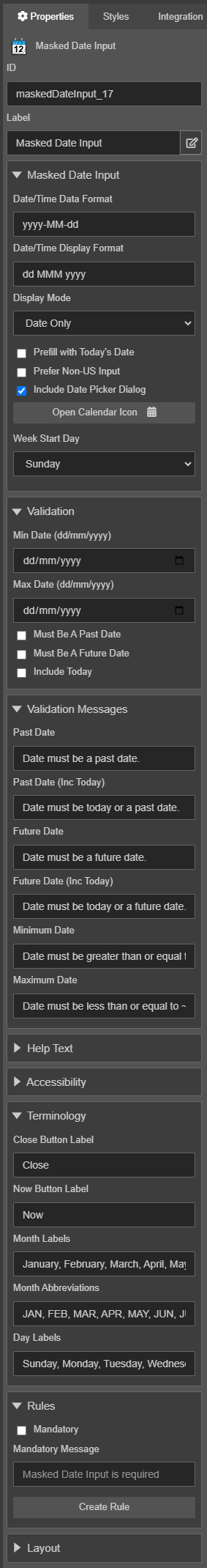 Maestro masked date input component properties