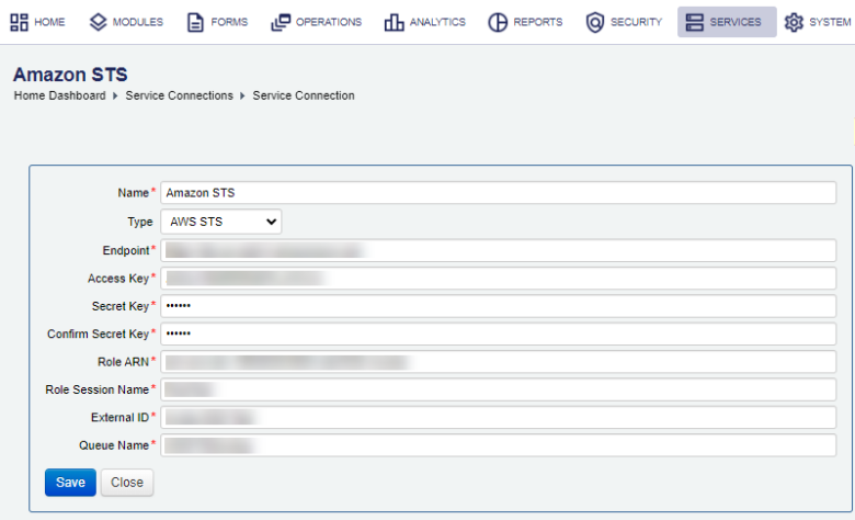 Manager configure an AWS STS service connection