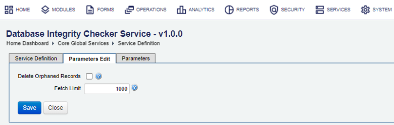 Manager database integrity checker service parameters