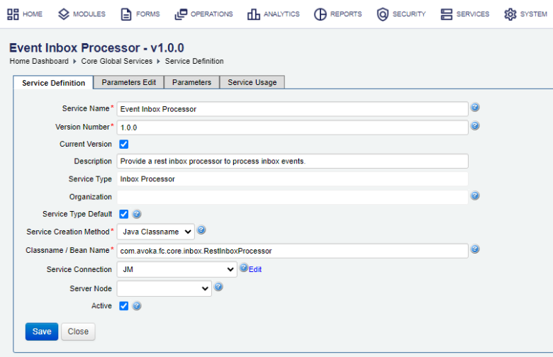 Manager event inbox processor service configuration