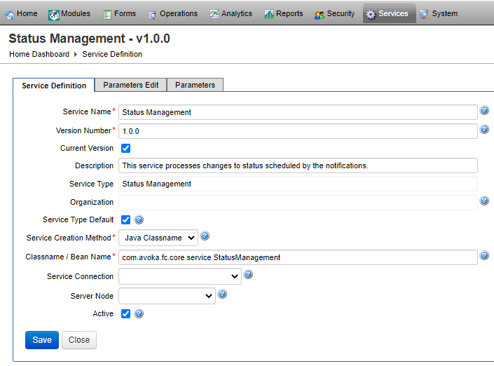 Manager configure the status management service.