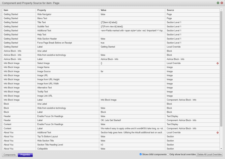 Maestro editor view component and property source, child component list