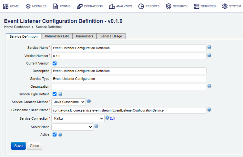 Manager event listener configuration service configuration