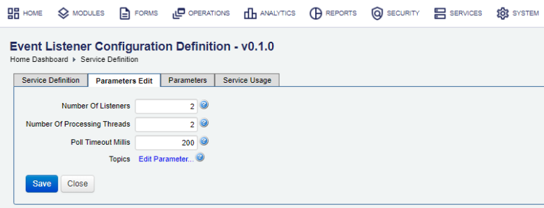 Manager event listener configuration parameters