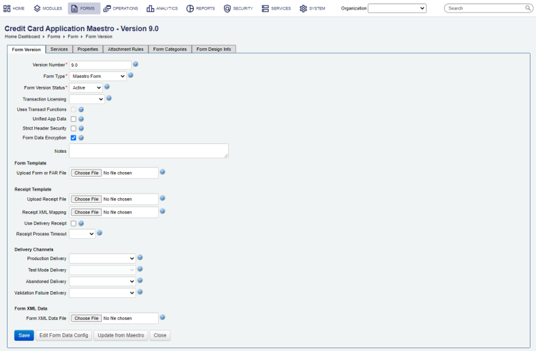 form version details configuration including delivery channels