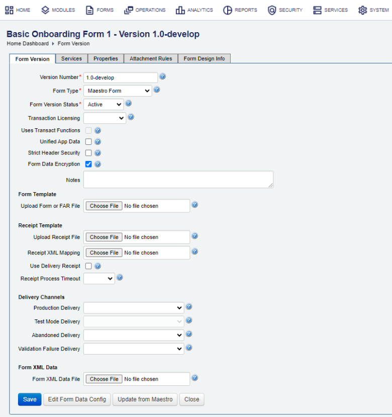 form version details configuration including delivery channels