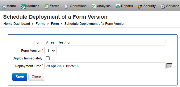 form deployment schedule configuration dialog