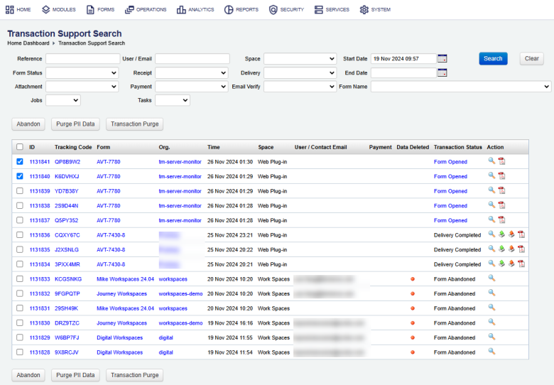 Manager view transaction support search