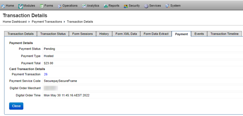 Manager transaction payment tab.