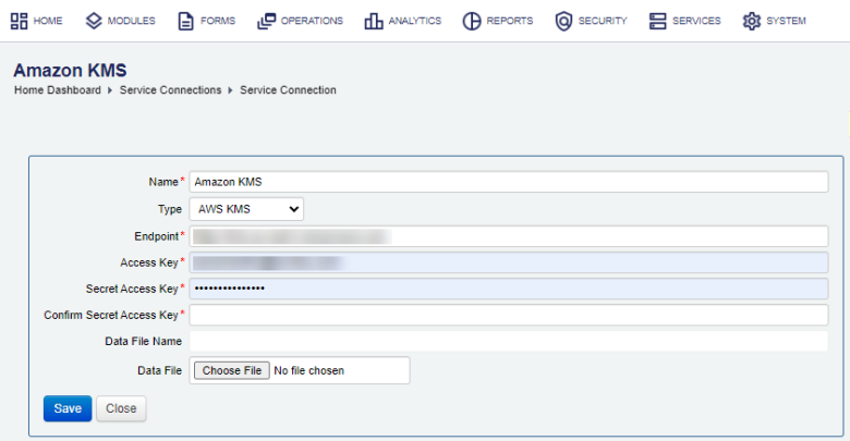 Manager configure AWS KMS service connection