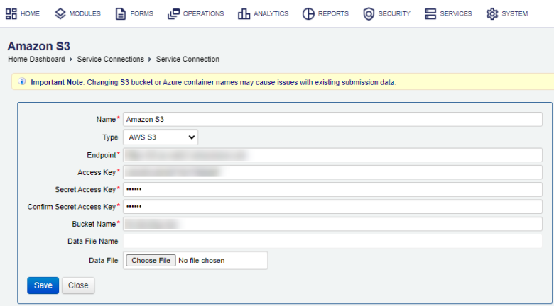 Manager configure AWS S3 service connection