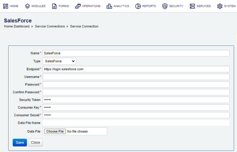 Manager configure a SalesForce service connection