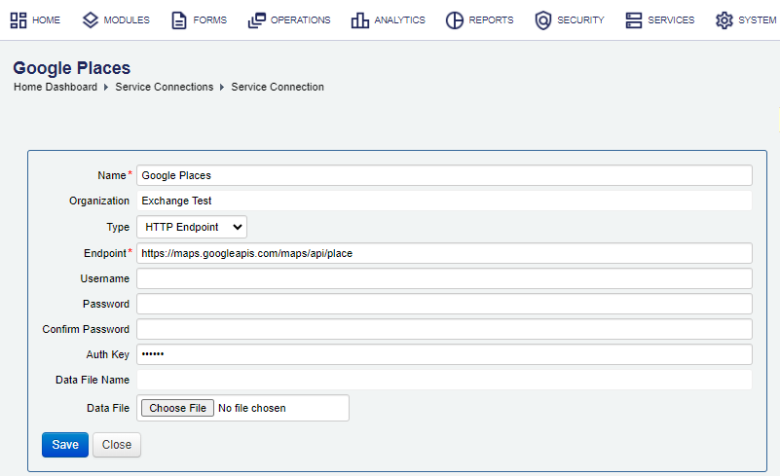 Manager create Google Place service connection