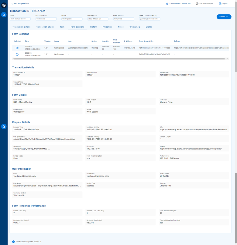 The Form Sessions tab on the Transaction Details screen