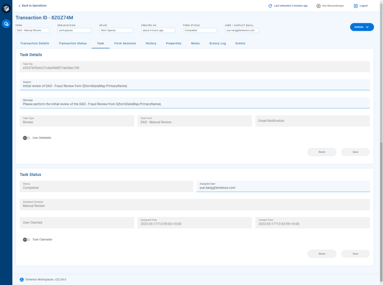 The Task tab on the Transaction Details screen