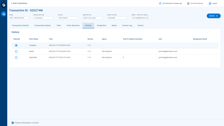 The History tab on the Transaction Details screen