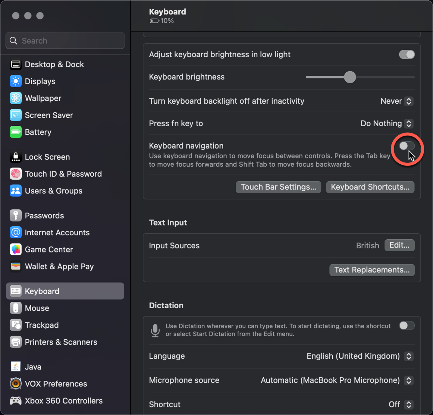 Enable macOS option System Settings, Keyboard, Keyboard navigation